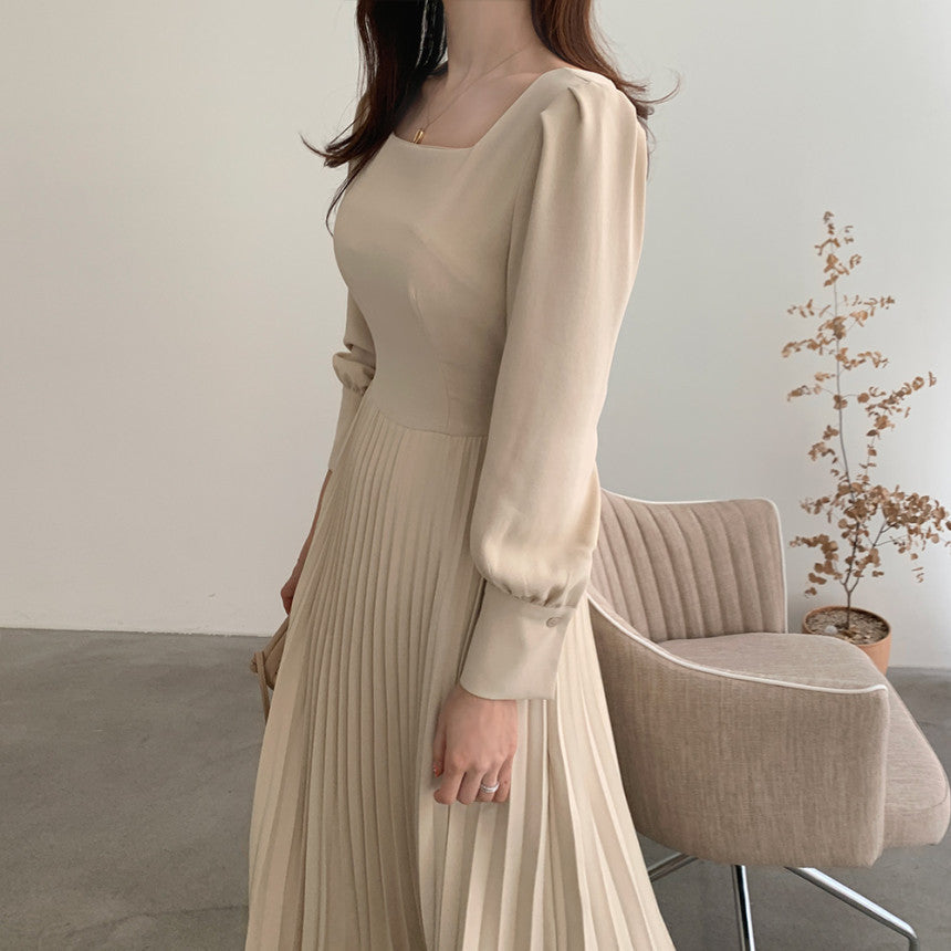 Square Collar Puff Bubble Sleeve Vintage Pleated Midi Dress