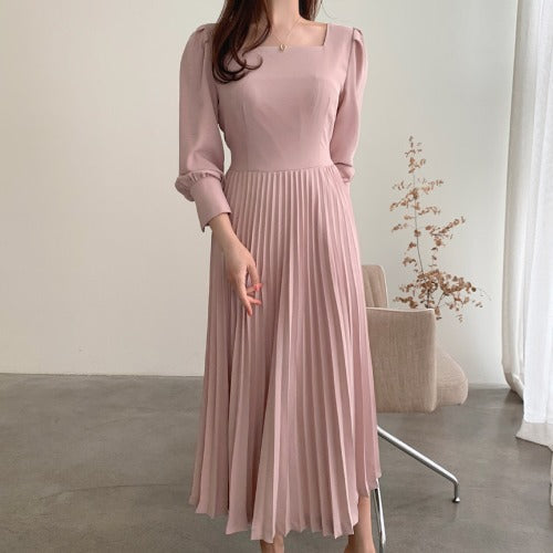 Square Collar Puff Bubble Sleeve Vintage Pleated Midi Dress