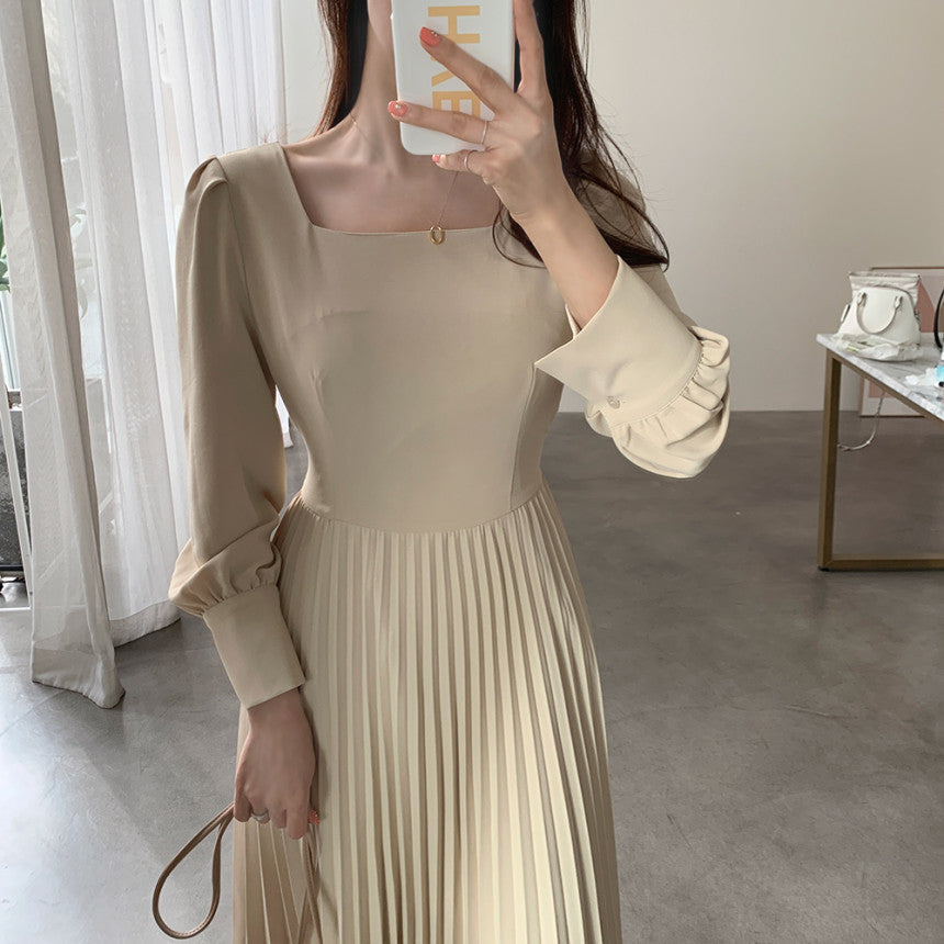 Square Collar Puff Bubble Sleeve Vintage Pleated Midi Dress