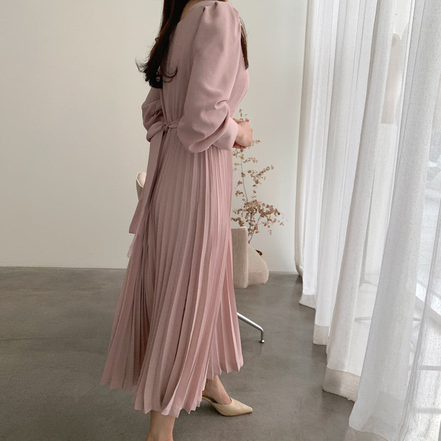 Square Collar Puff Bubble Sleeve Vintage Pleated Midi Dress