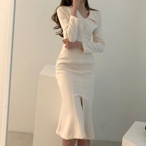 Zipper Splicing Fishtail Pleated Midi Dress