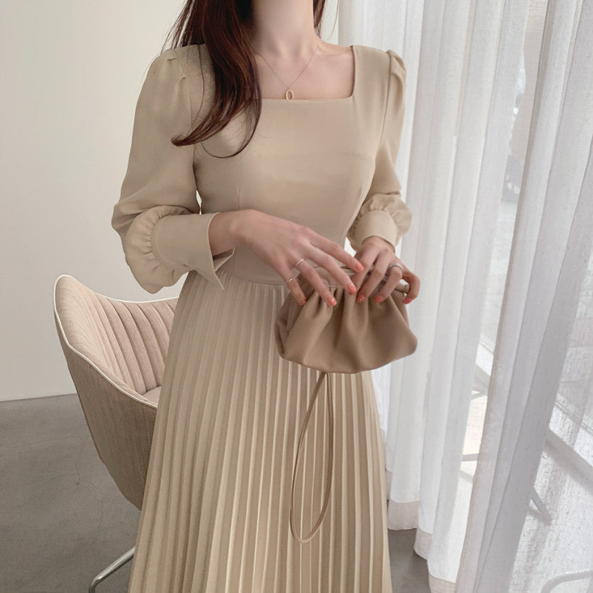 Square Collar Puff Bubble Sleeve Vintage Pleated Midi Dress