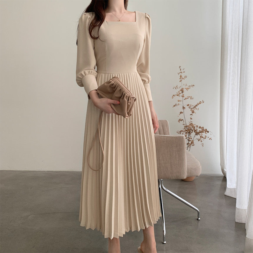 Square Collar Puff Bubble Sleeve Vintage Pleated Midi Dress