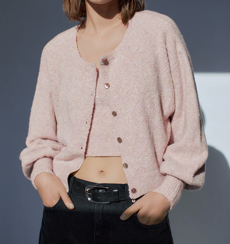 Splicing Single-breasted Lantern Sleeve Cardigan Sweaters Tank Tops