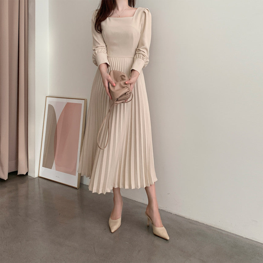 Square Collar Puff Bubble Sleeve Vintage Pleated Midi Dress