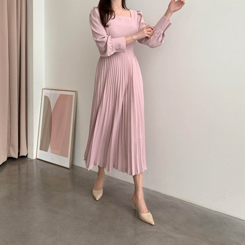 Square Collar Puff Bubble Sleeve Vintage Pleated Midi Dress