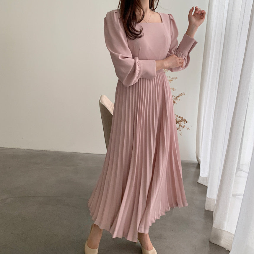 Square Collar Puff Bubble Sleeve Vintage Pleated Midi Dress