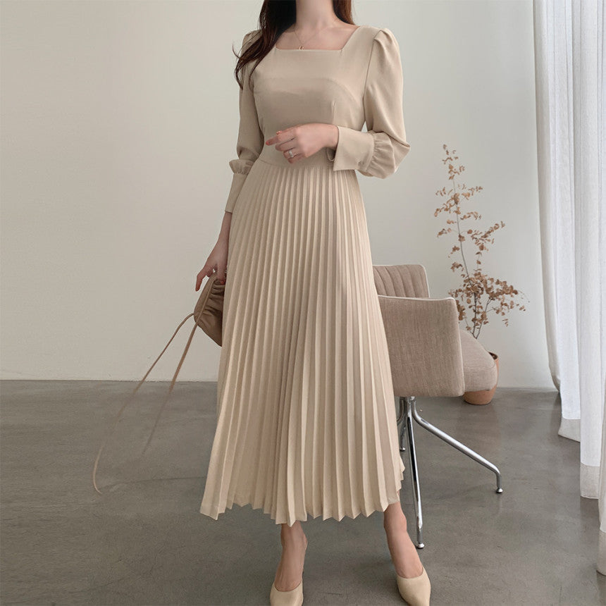 Square Collar Puff Bubble Sleeve Vintage Pleated Midi Dress