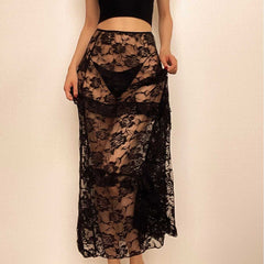 Lace irregular ruffle see through solid low rise maxi skirt