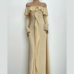 Ruffle off shoulder long sleeve backless solid maxi dress