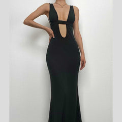 Sleeveless low cut hollow out solid backless maxi dress