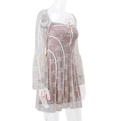 Lace square neck long flared sleeve zip-up ruffle mini dress