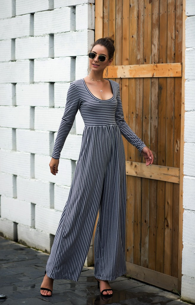 U-neck Sexy Wide-leg Long-sleeved Striped Jumpsuit