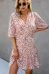 Drawstring Waist Dots Print Short Sleeve Mini Dress