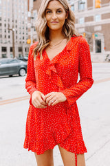 Fashion Polka Print Long Sleeve Tie Waist Dress
