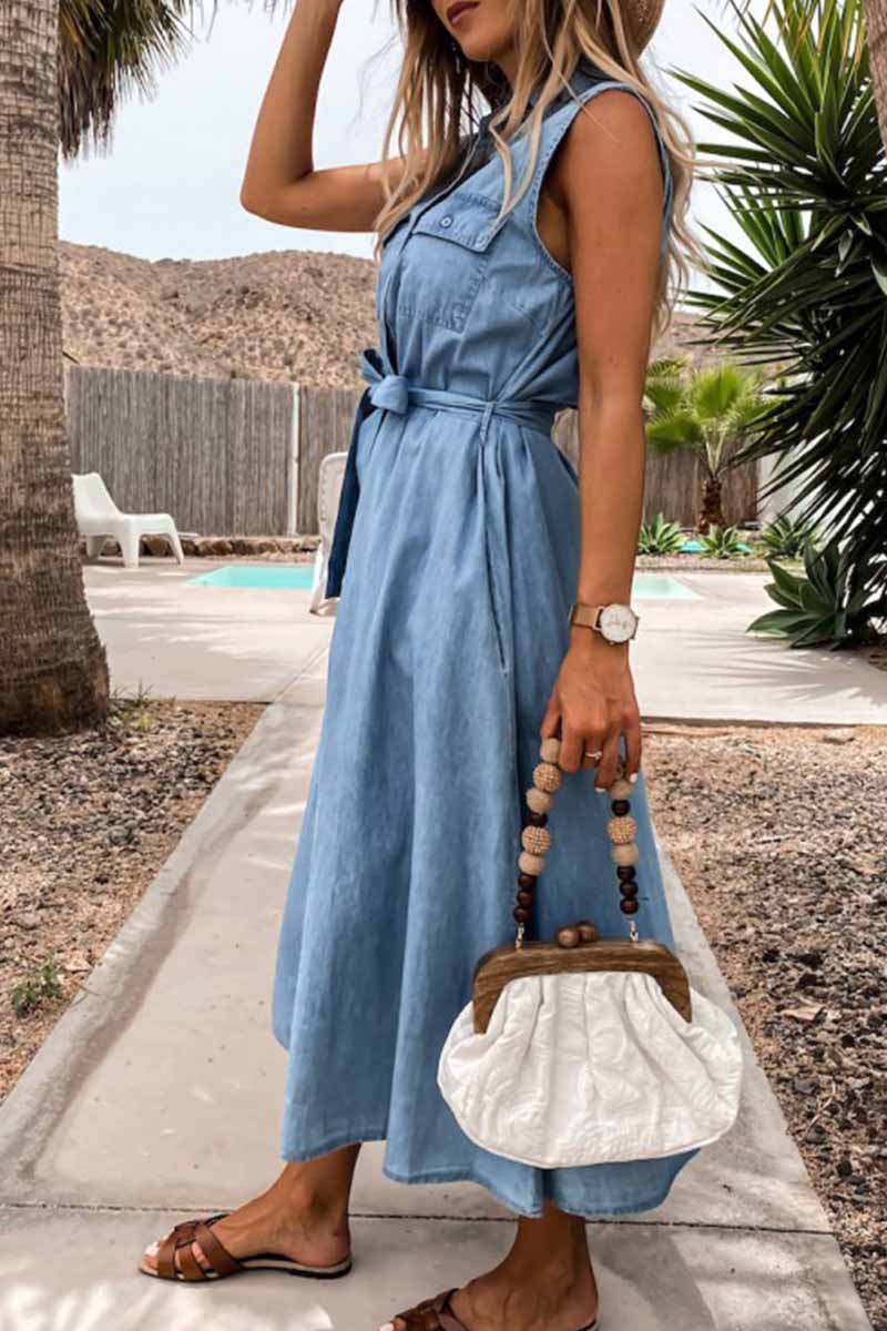 Florcoo Sleeveless Lace-Up Single-Breasted Denim Midi Dress