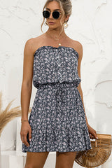 Floral Print Tie Waist Strapless Mini Length Dress