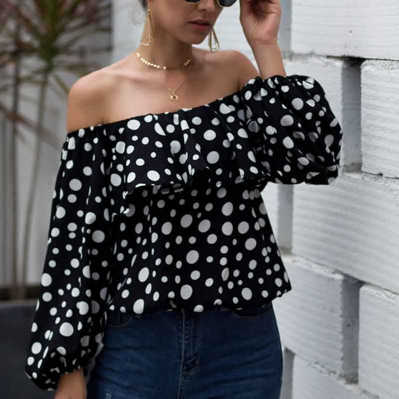 Women Sexy Off The Shoulder Puff Sleeve Polka Dot Shirt Top