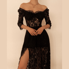 Square neck hem lace slit long sleeve midi dress