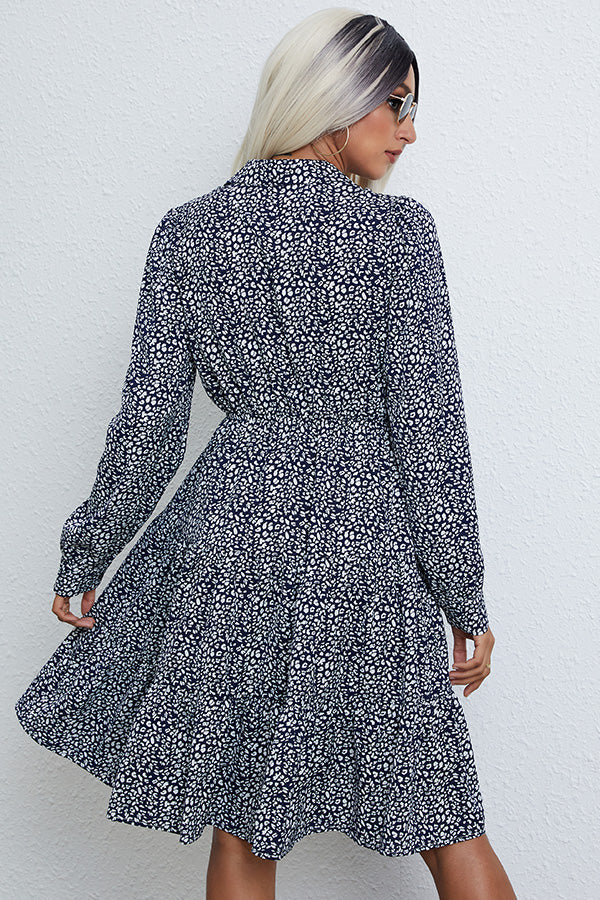 Long Sleeve Printed Lapel Midi Dress