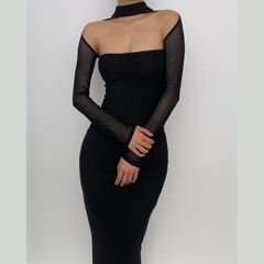 Solid halter mesh long sleeve zip-up hollow out midi dress