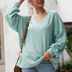 Women V Neck Long Sleeve Loose Sweater