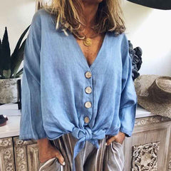 Women Thin Light V Neck Single-Breasted Leisure Loose Shirt Blouse