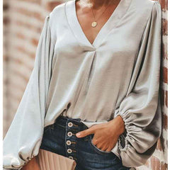 Women V Neck Lantern Sleeve Loose Shirt