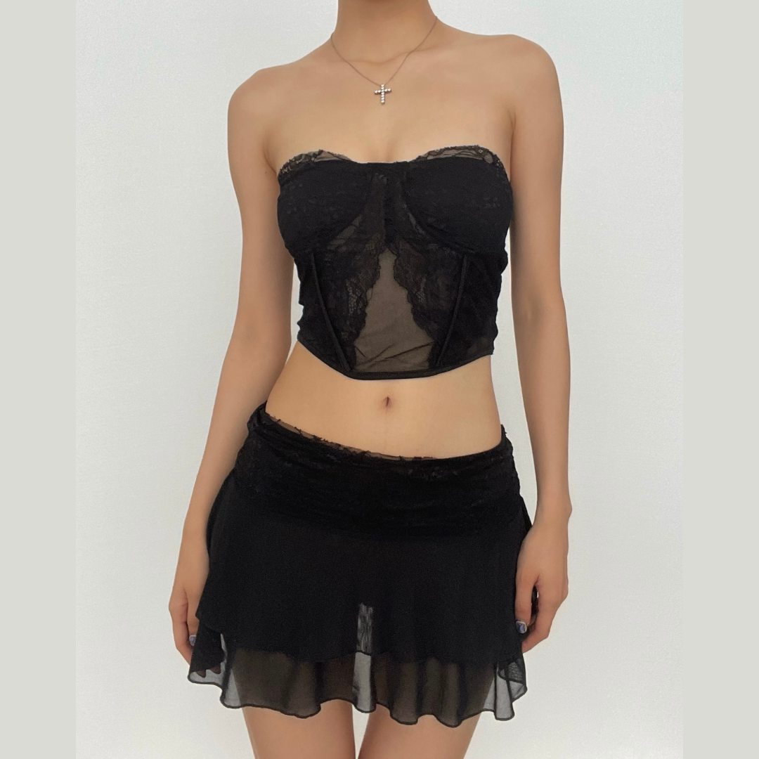 Mesh solid sleeveless backless lace hem tube top skirt set