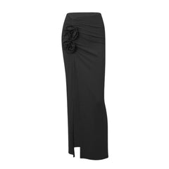 Ruched high slit flower applique irregular solid maxi skirt