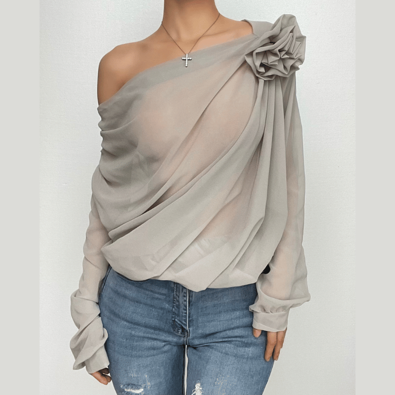 Chiffon flower applique see through off shoulder long sleeve ruched top