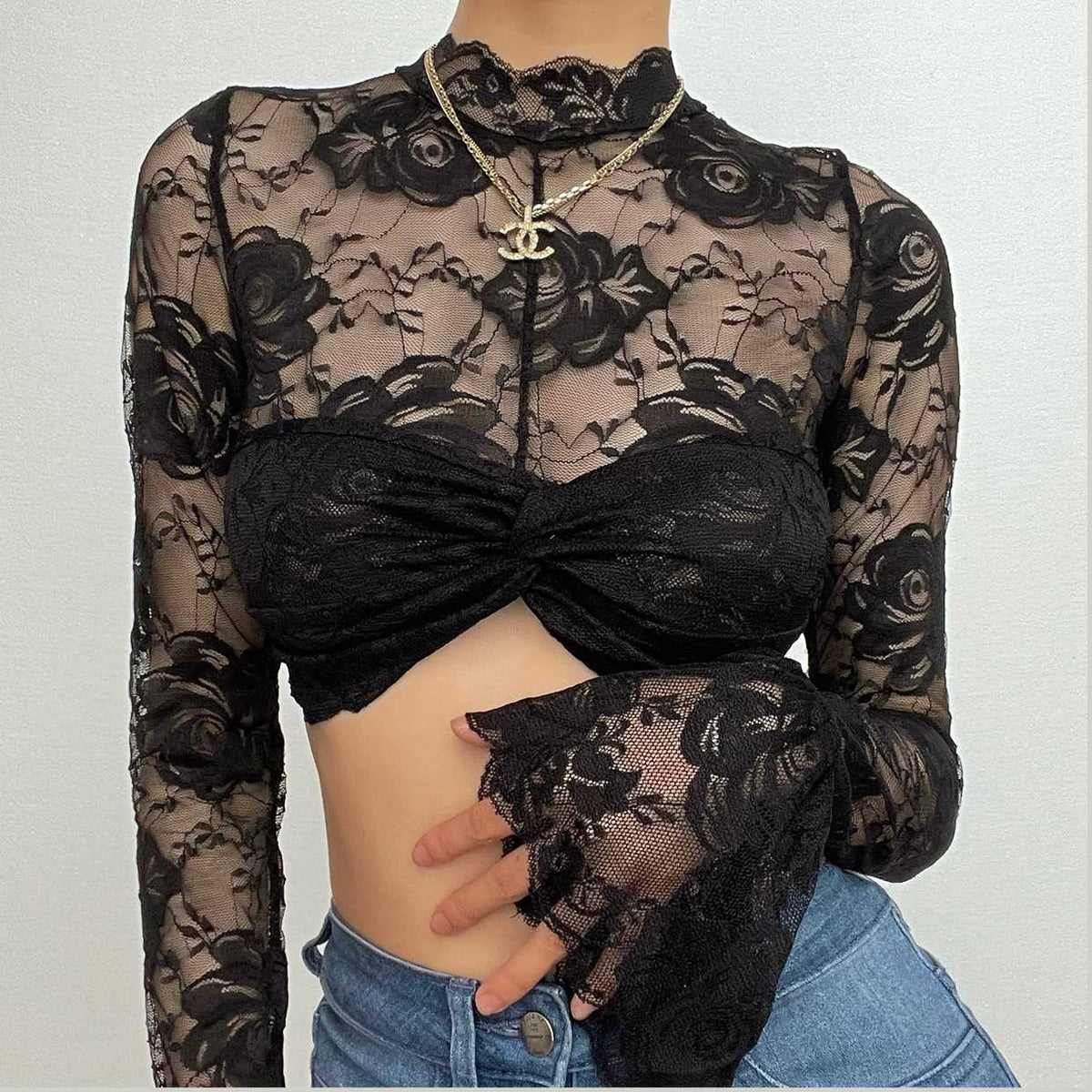 Sheer mesh see through solid flared sleeve ruched crop top