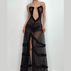 Ruffle spaghetti strap irregular slit backless maxi dress