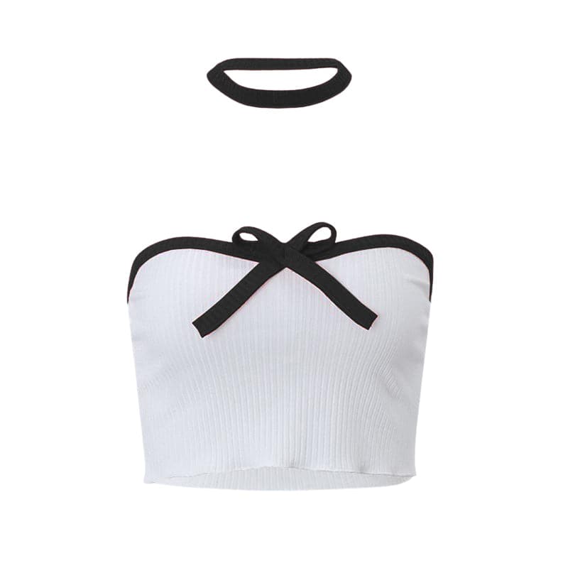 Bowknot backless contrast ribbed ruffle tube top