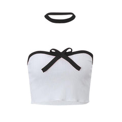 Bowknot backless contrast ribbed ruffle tube top