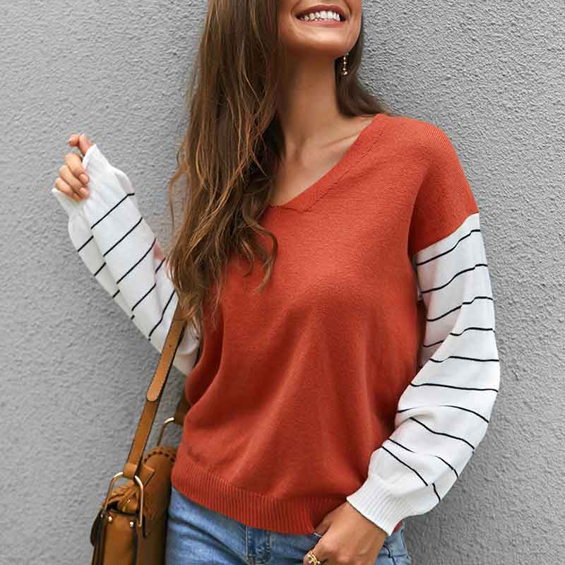 Women V-Collar Contrast Color Splicing Long Sleeve Sweater