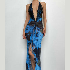 Self tie halter lace hem irregular backless contrast maxi dress