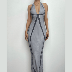 Striped contrast v neck halter backless sleeveless maxi dress