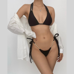 Ruched solid button mesh metal chain self tie 3 piece swimwear