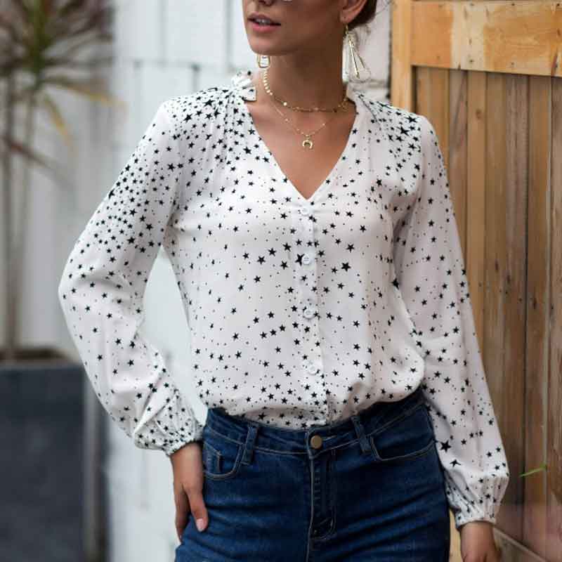 Women V Neck Single Breasted Star Pattern Printed Shirt