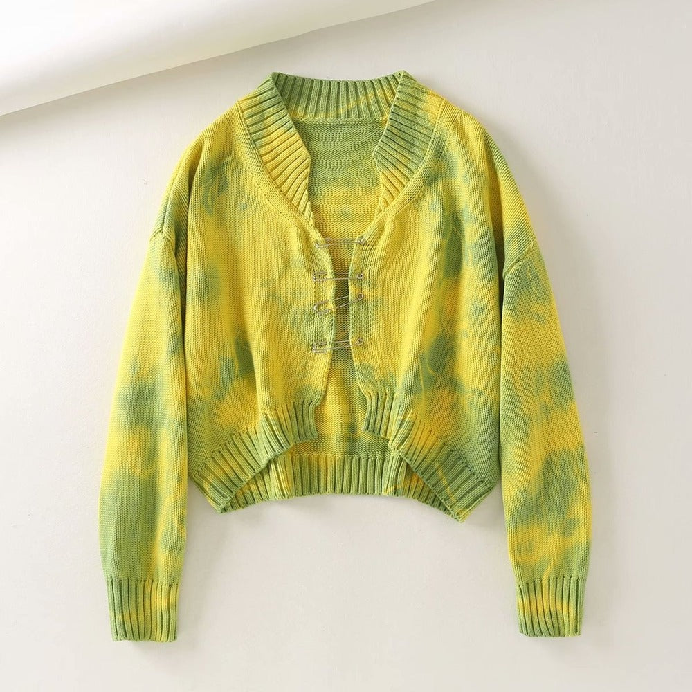 Tie-dye Brooch Button Knitting Sweater Cardigan