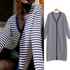 Striped Single-breasted Long Knit Cardigan Jacket