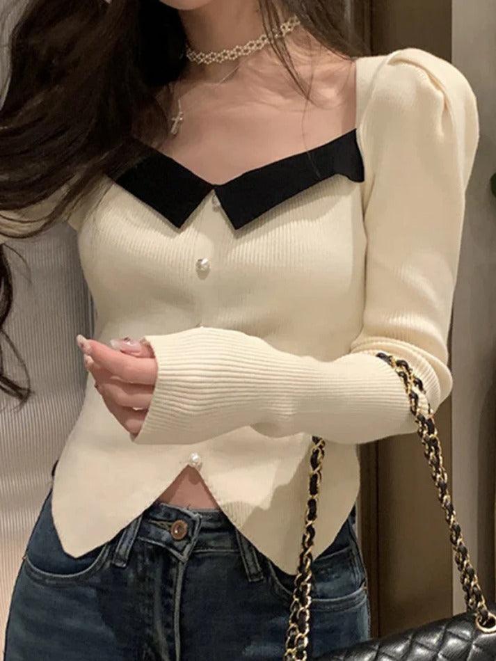 Contrast Color Splice Pearl Breasted Slit Knit Sweater