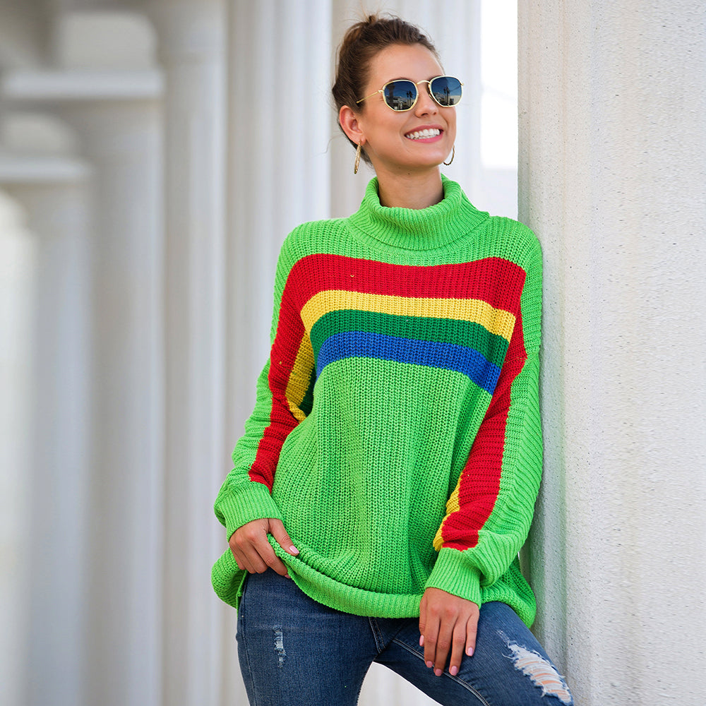 Women's High Collar Rainbow Stripes Knit Long Sweater