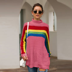 Women's High Collar Rainbow Stripes Knit Long Sweater