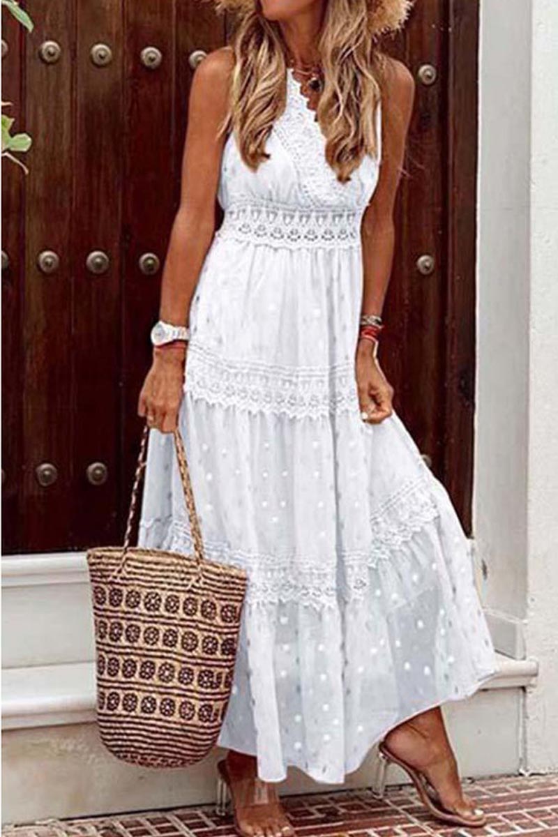 Stylish PolkaDots Print Lace V-Neck Maxi Dress