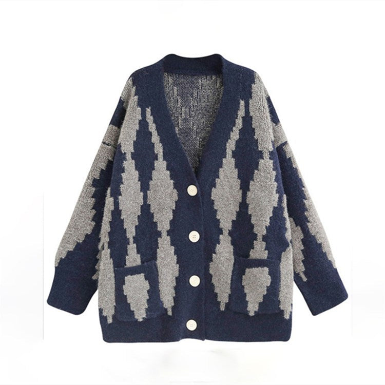 V-neck Single-breasted Contrast Color Argyle Pattern Cardigan Sweater