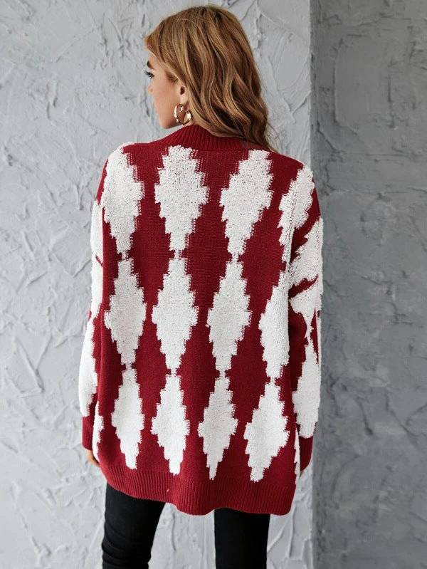 V-neck Single-breasted Contrast Color Argyle Pattern Cardigan Sweater