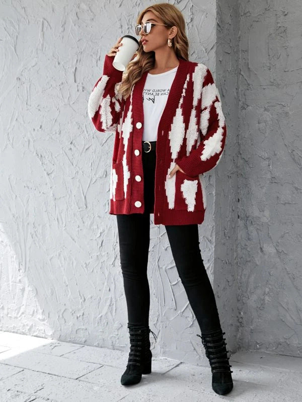V-neck Single-breasted Contrast Color Argyle Pattern Cardigan Sweater
