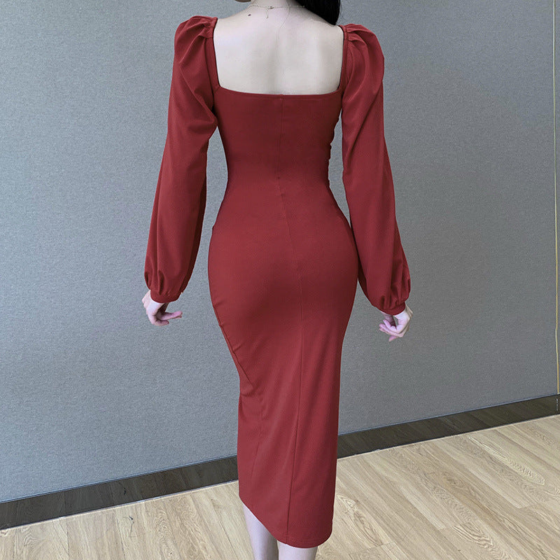Square Collar Bubble Sleeve Slit Leg Party Bodycon Midi Dresses Black